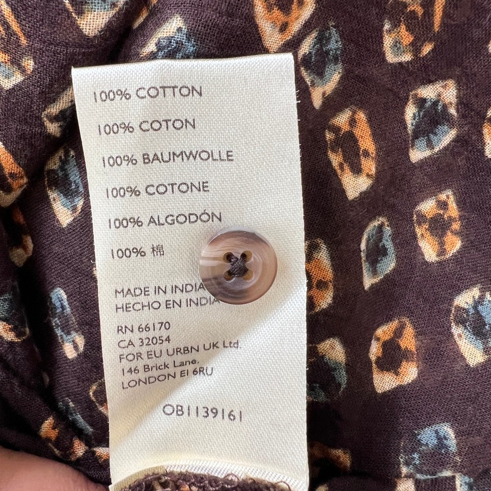 Anthropologie Boho Peasant Blouse M‎ Brown Geometric Print Cotton Sheer Batwing - Picture 5 of 12